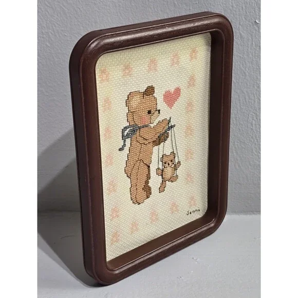 Framed Teddy Bear Cross Stitch Frame Vintage Nursery 1980's Decor Cottagecore - Picture 9 of 12